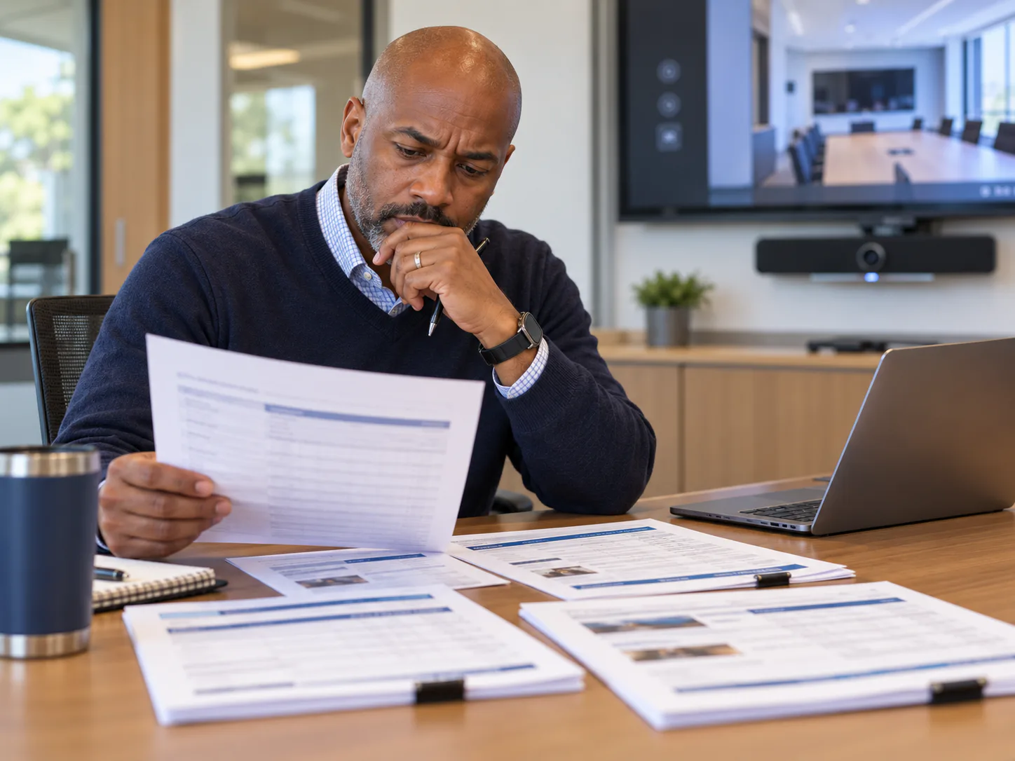 Manager comparing printed AV quotes at a desk in a meeting room