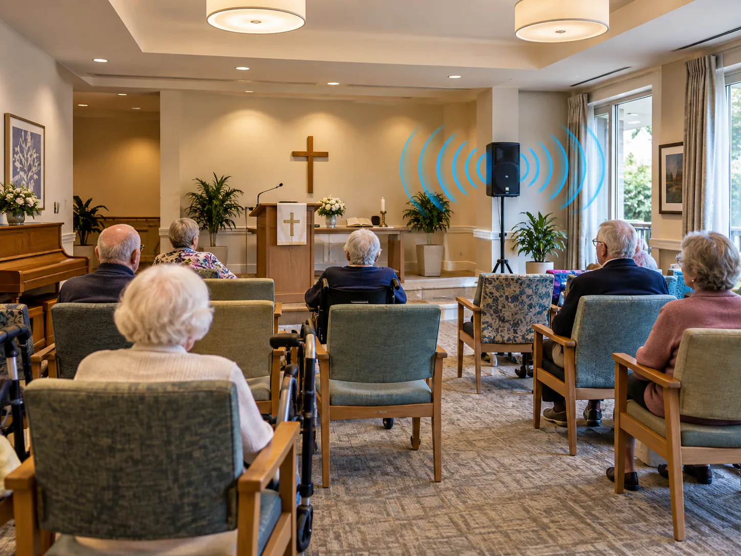 Residents seated in an aged care chapel during a service, lectern microphone and speaker at the front
