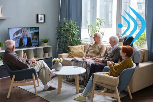 Residents in a communal lounge watching television together, with hearing access broadcast indicated