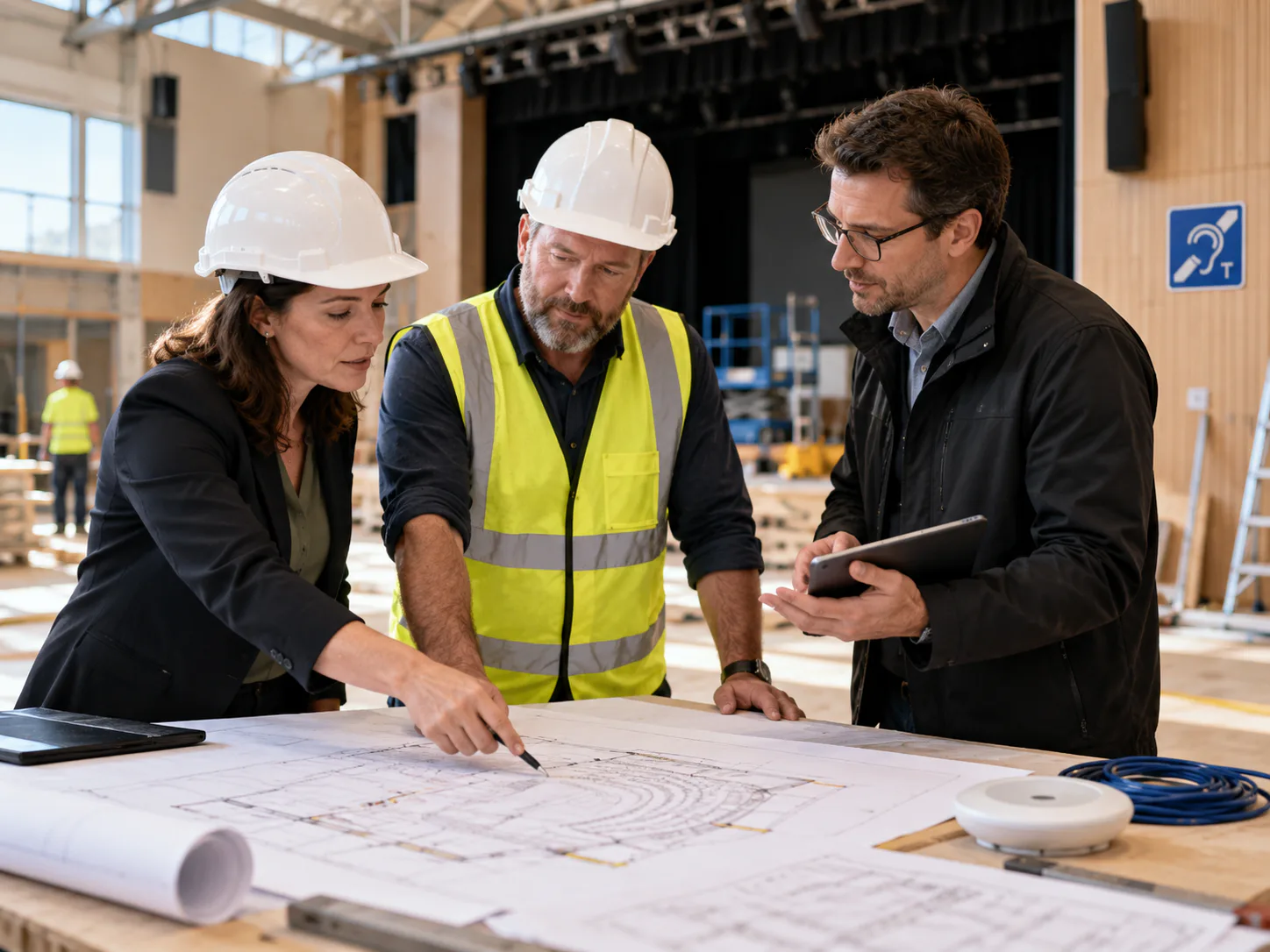 Architect, builder and consultant reviewing hall drawings on a construction site