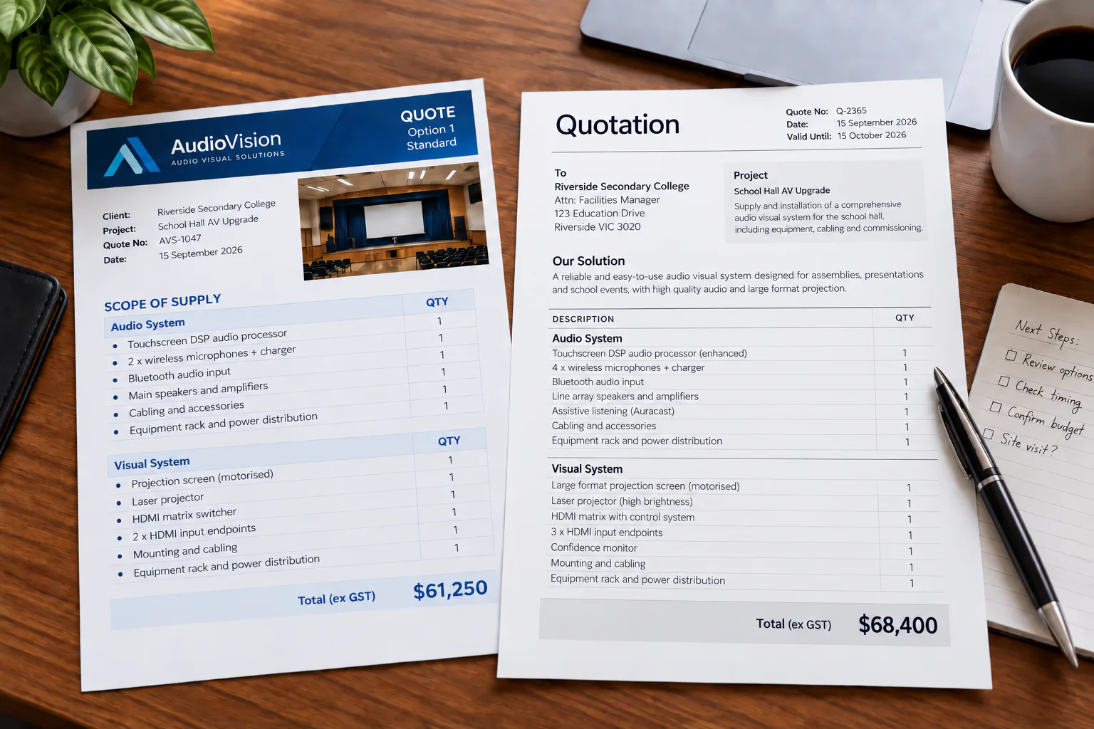 Two AV quotations for a school hall upgrade laid side by side on a desk for comparison