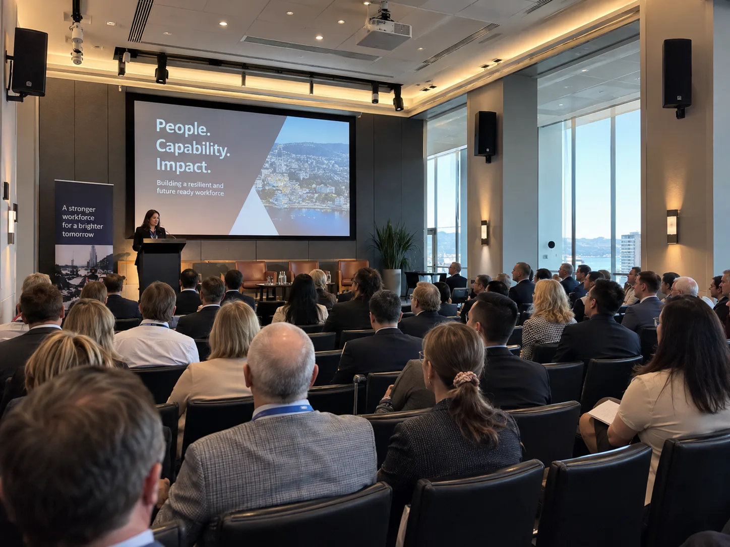 Audience seated in a presentation room, speaker at a lectern, wall-mounted speakers visible