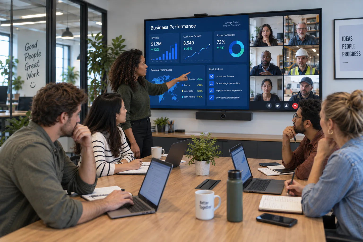 Boardroom in use — presenter at a wall display with remote participants on screen
