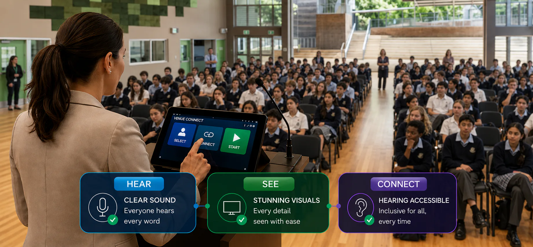 Teacher using the VENUE CONNECT panel at a lectern during a school assembly