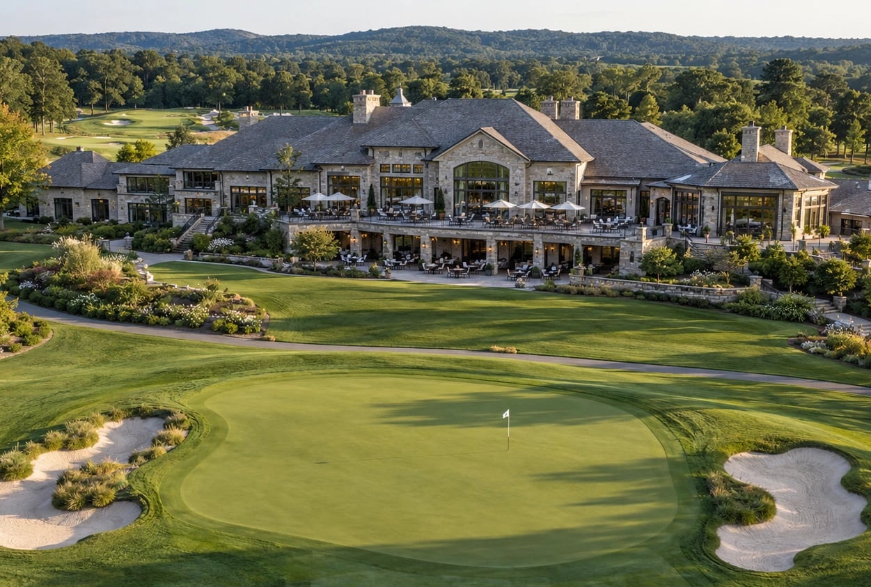 Grand clubhouse overlooking the eighteenth green
