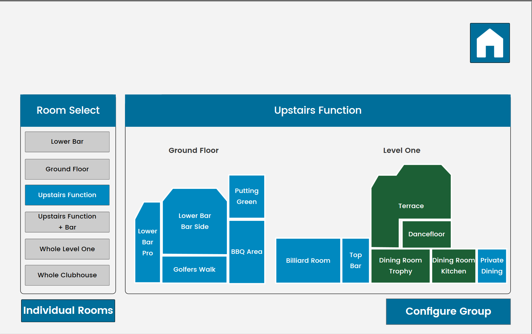 Grouped Spaces screen: room select presets and a floor plan of Ground Floor and Level One spaces