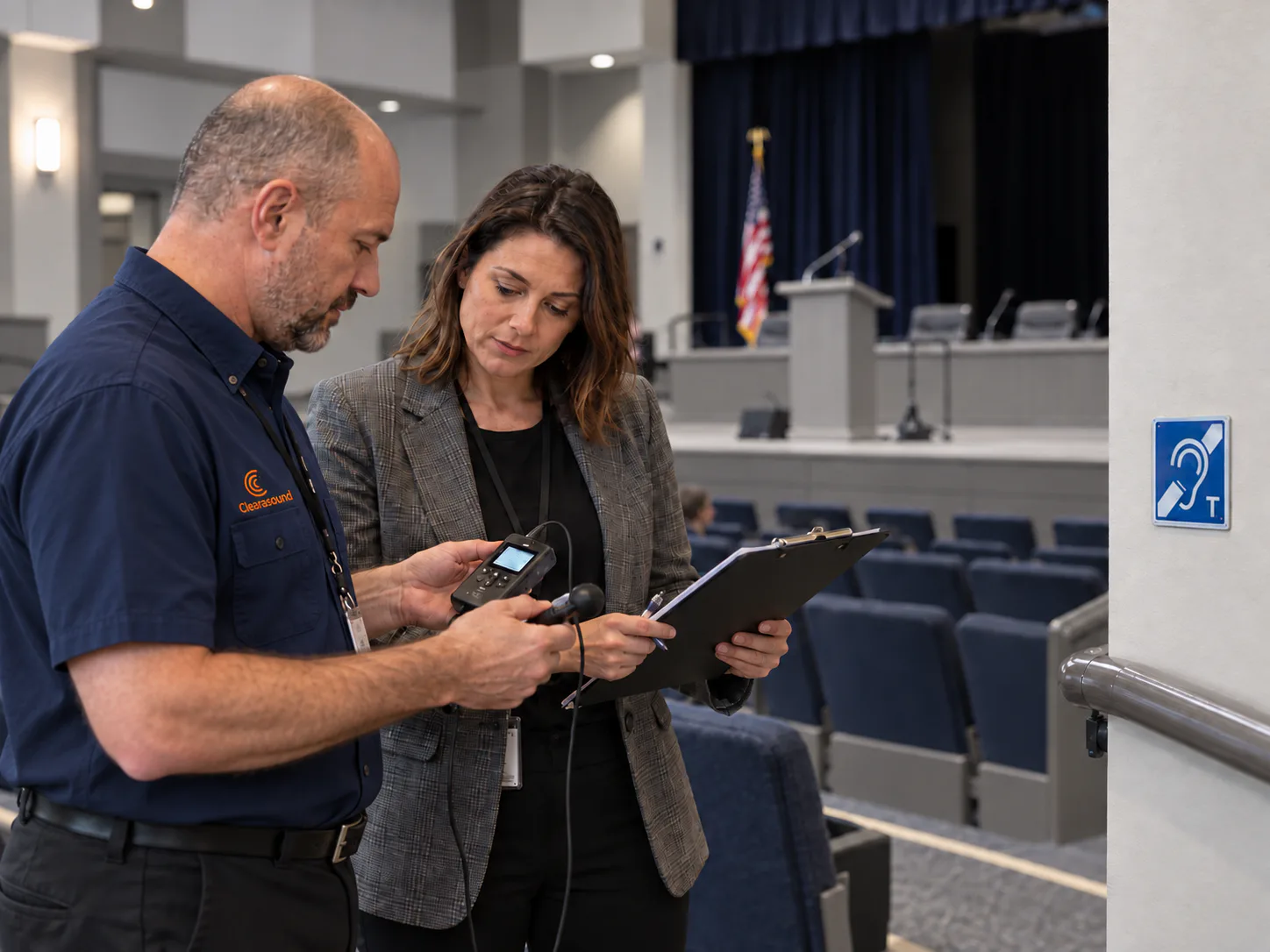 Technician and manager reviewing a field strength reading beside a hearing augmentation sign