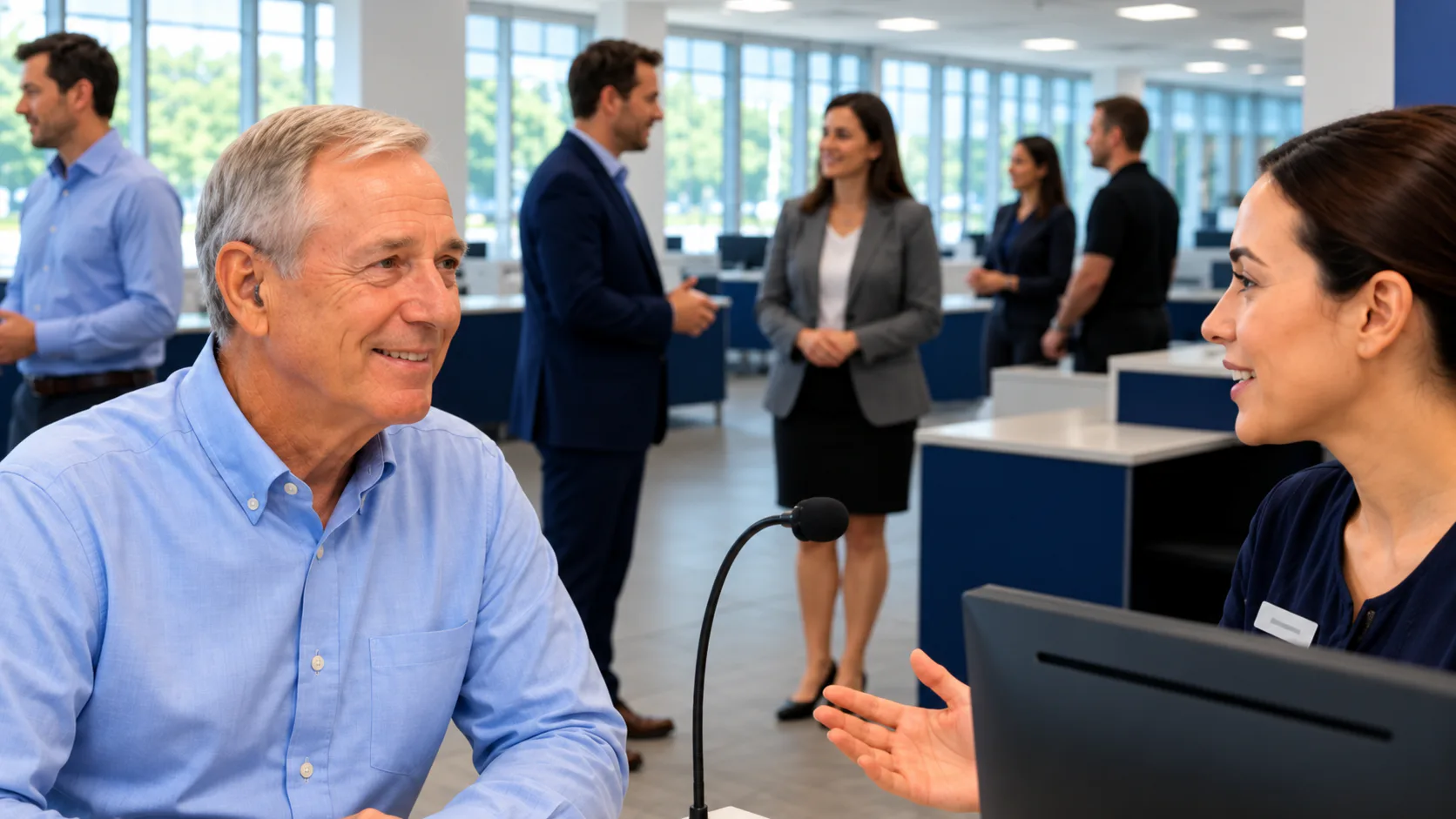 Customer and staff member talking at a bank service desk with a counter microphone