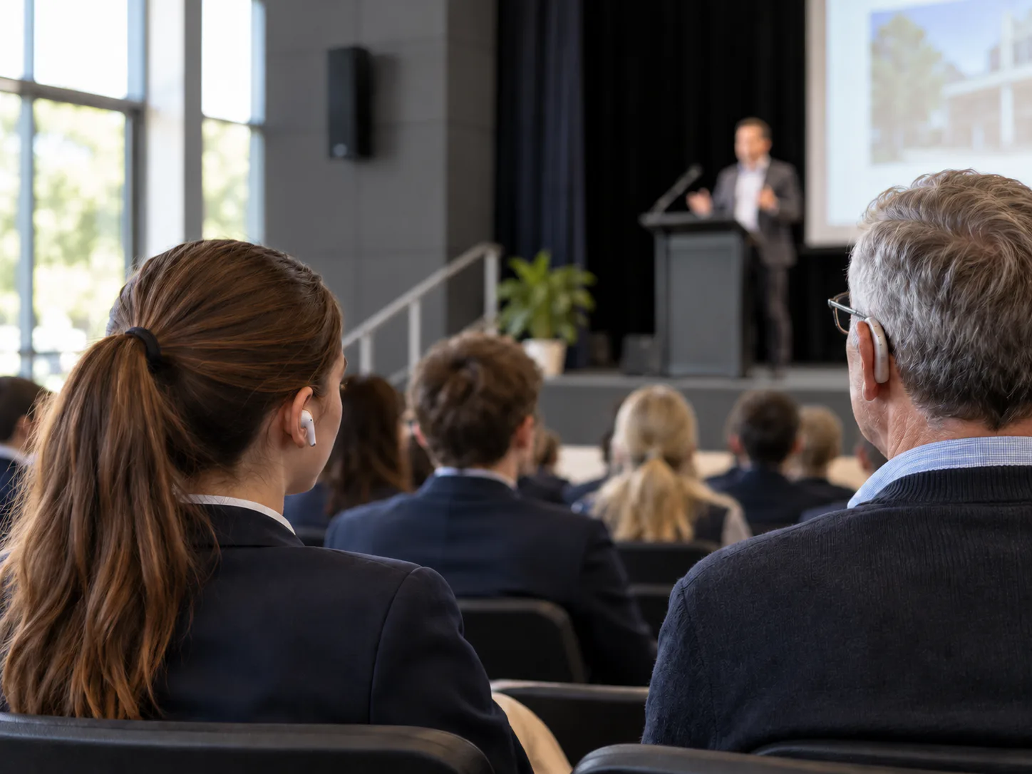 Audience members listening through earbuds and a hearing aid while a presenter speaks