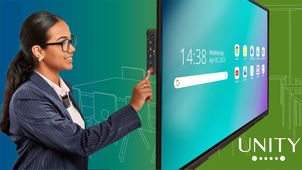 Teacher pressing on the FrontRow UNITY system